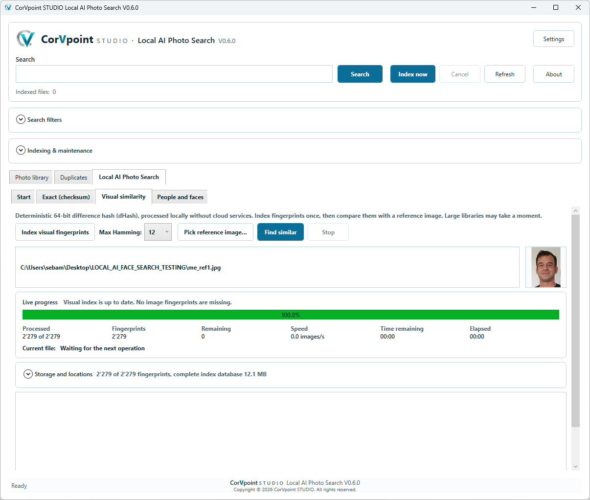 CorVpoint STUDIO Local AI Photo Search: Local indexing progress