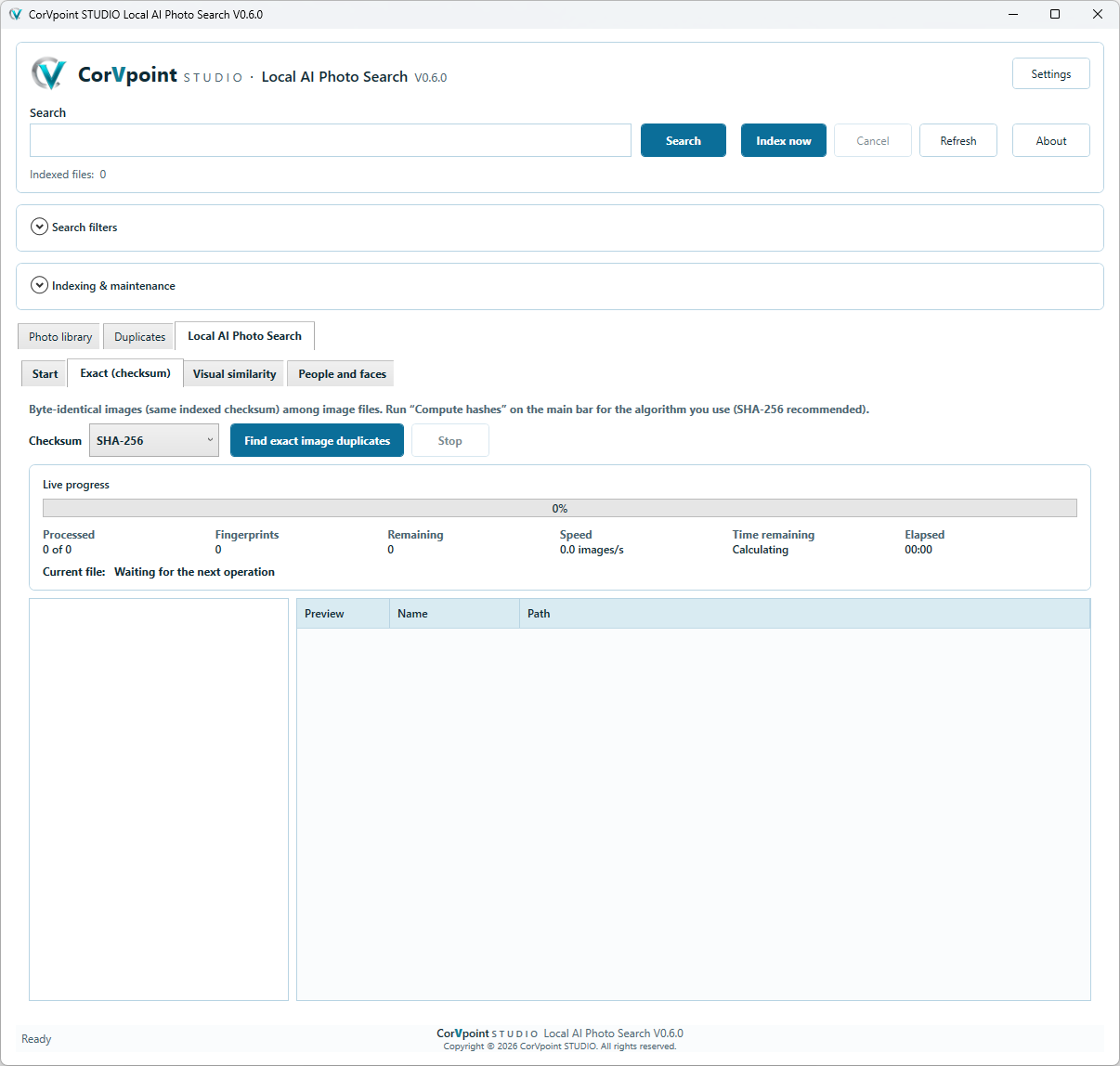 CorVpoint STUDIO Local AI Photo Search: Local indexing progress