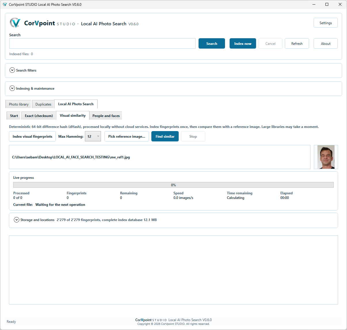 CorVpoint STUDIO Local AI Photo Search: Local indexing progress