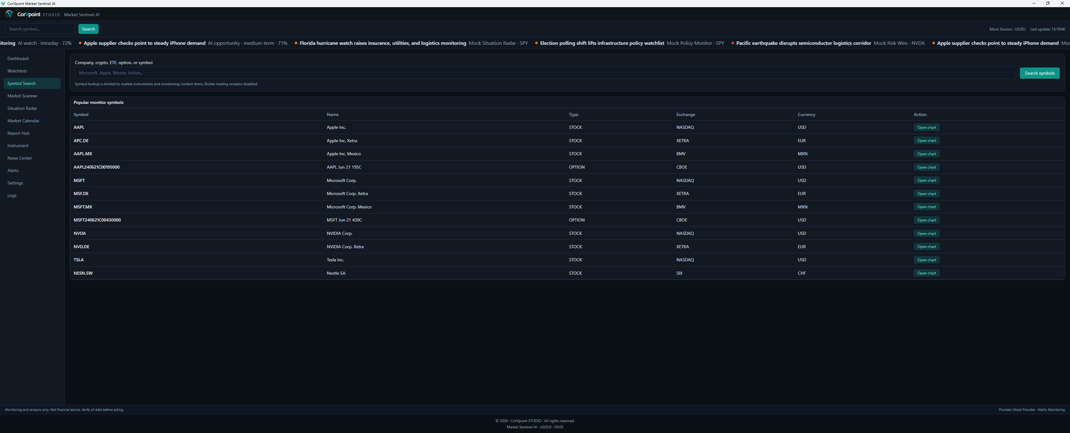 Symbol search for company names and market tickers.