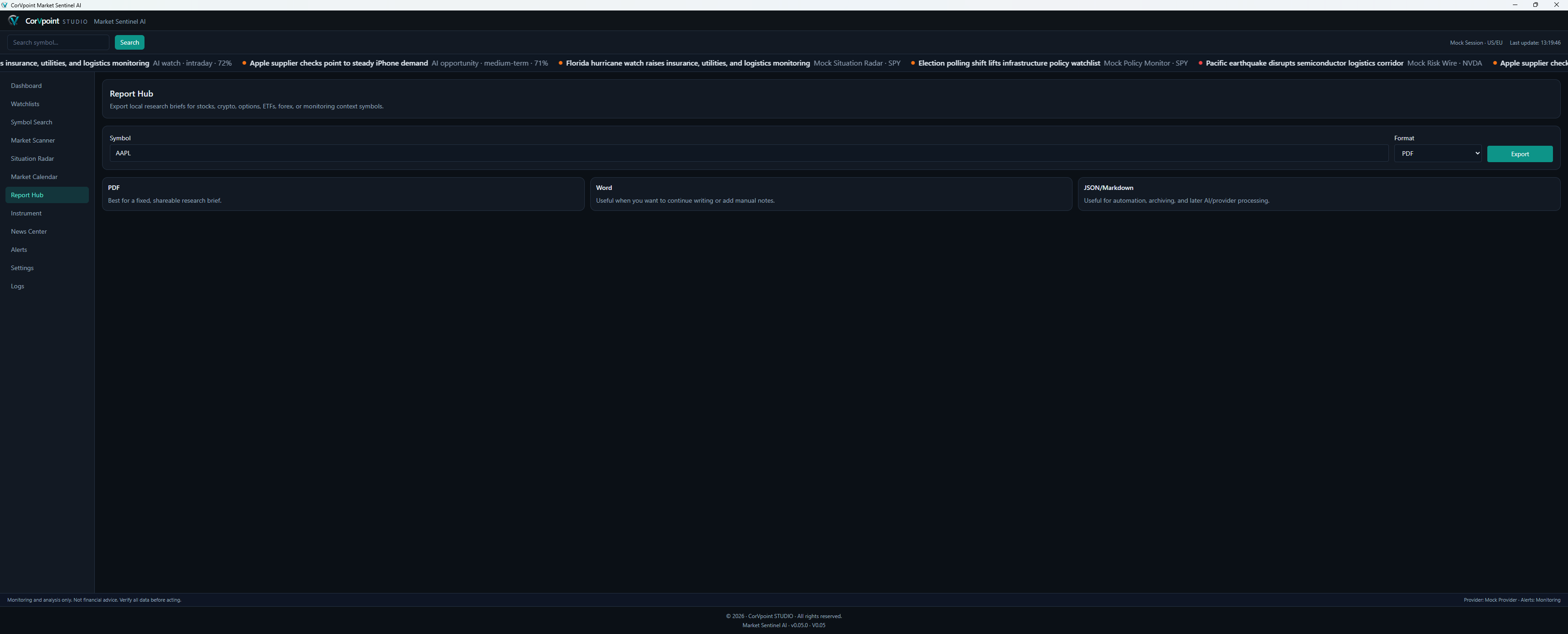 Report Hub for structured analysis and export workflows.
