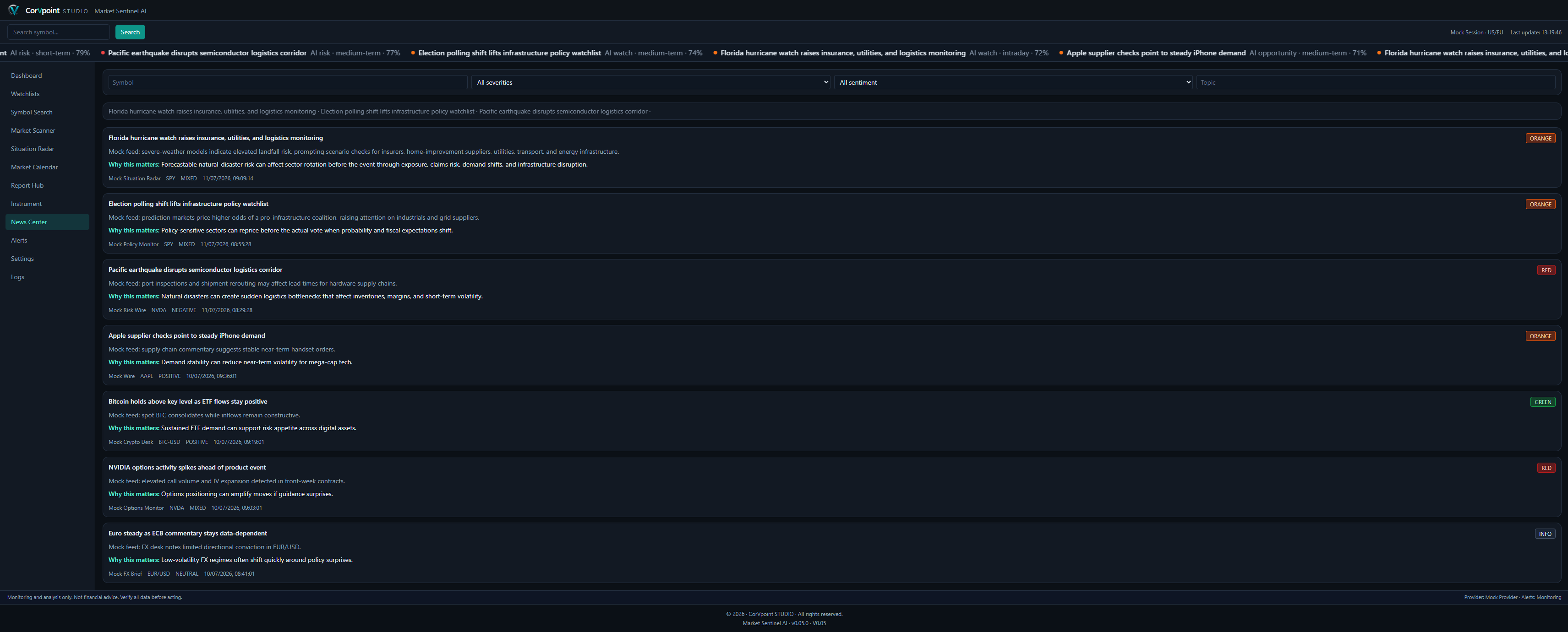 News Center with market-related news and risk context.