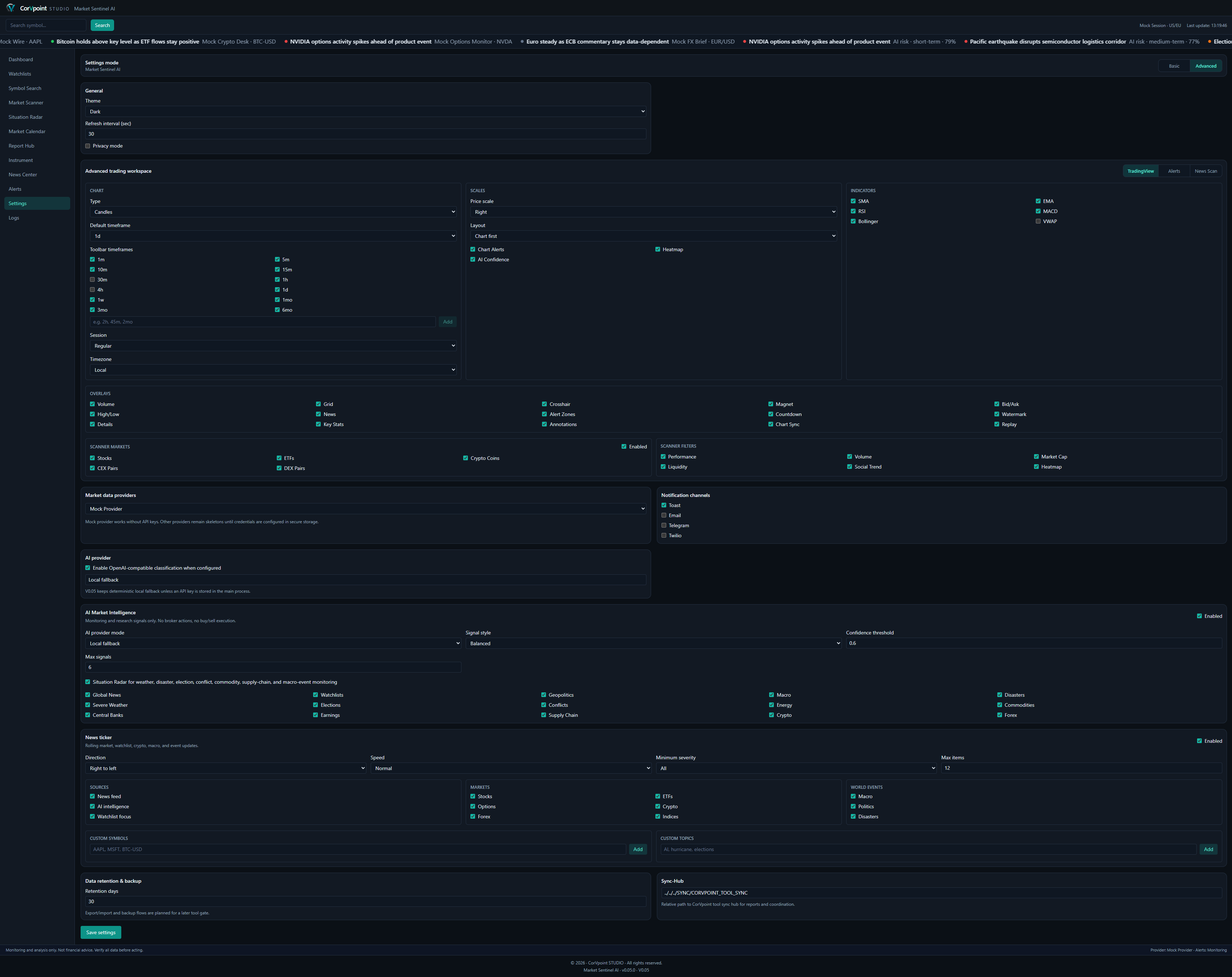 Settings with theme, providers, AI configuration, and advanced options.