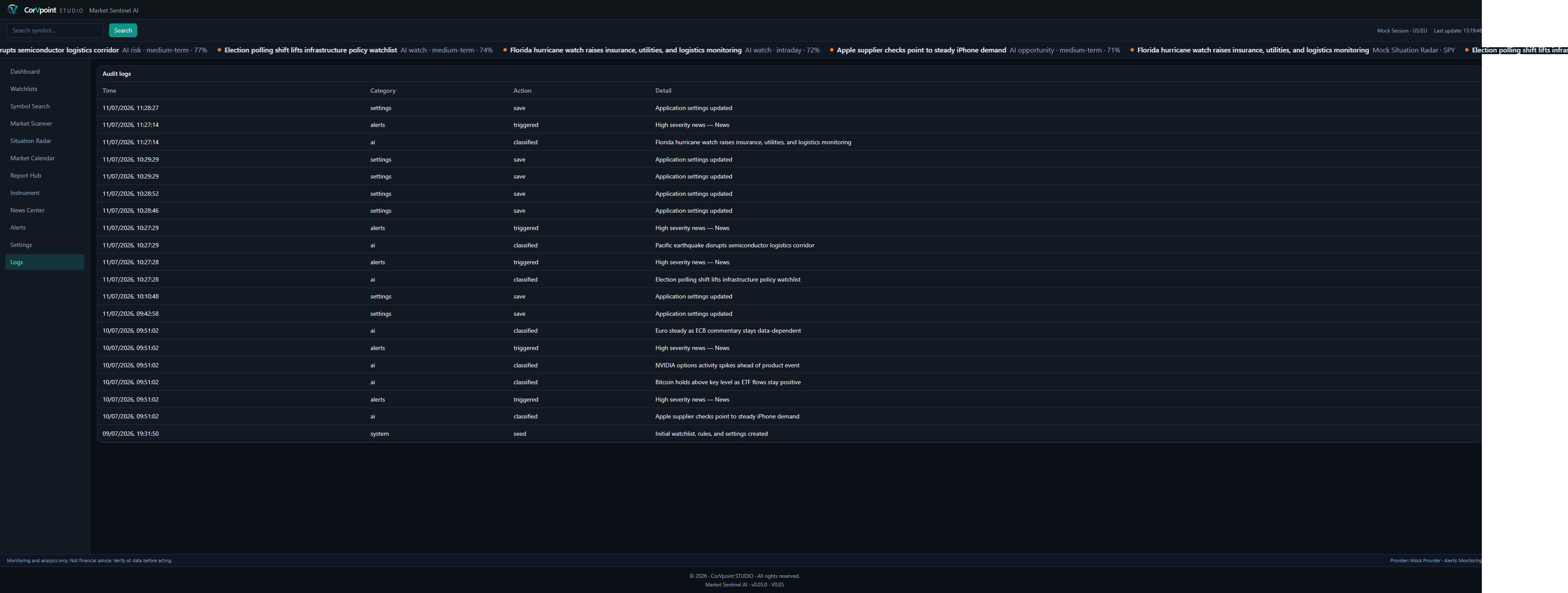Audit logs for traceable actions, alerts, and AI classifications.