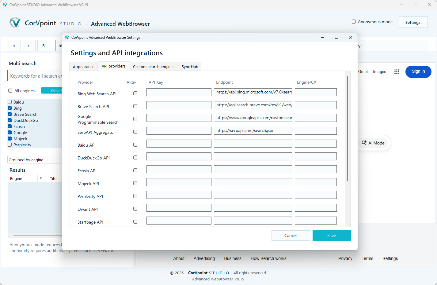 CorVpoint STUDIO Advanced WebBrowser: Suchbericht