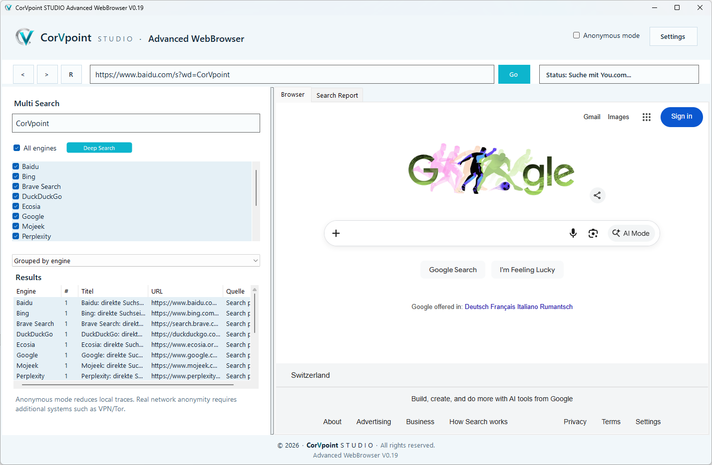 CorVpoint STUDIO Advanced WebBrowser: Datenschutzmodus