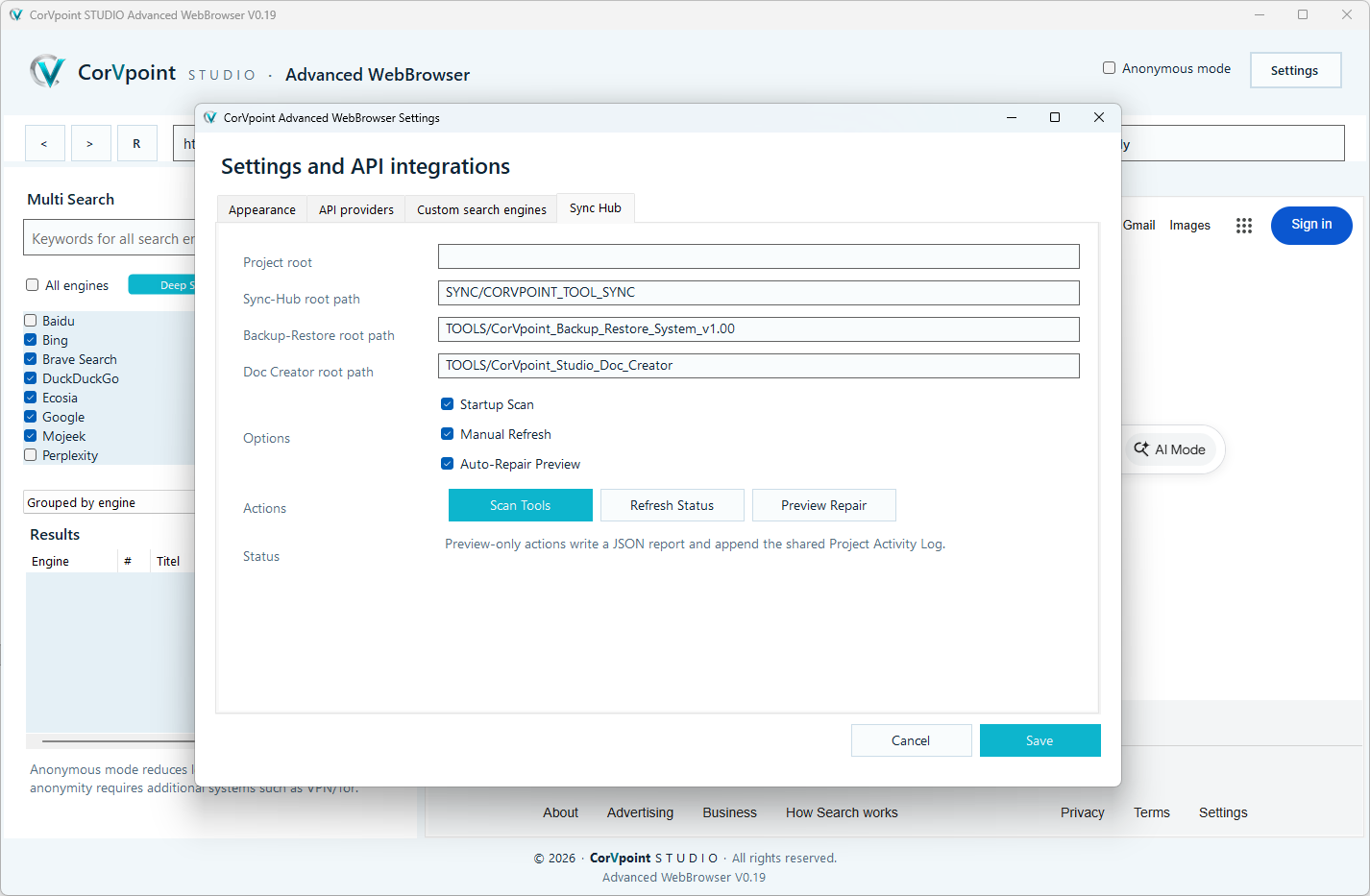 CorVpoint STUDIO Advanced WebBrowser: Impostazioni di visualizzazione