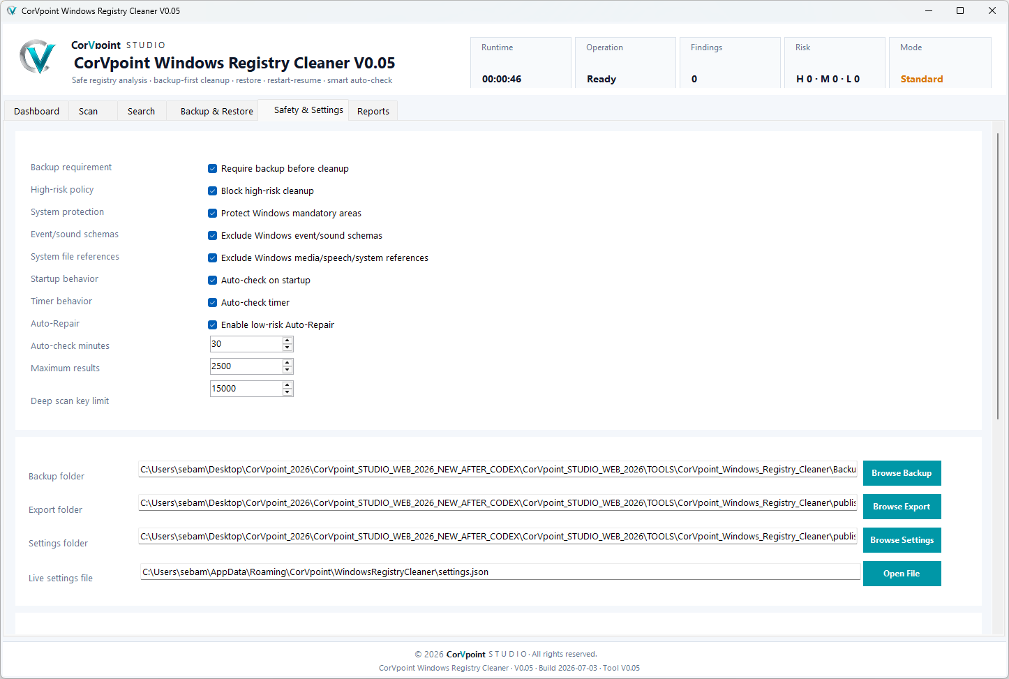 CorVpoint STUDIO Windows Registry Cleaner: Registry search