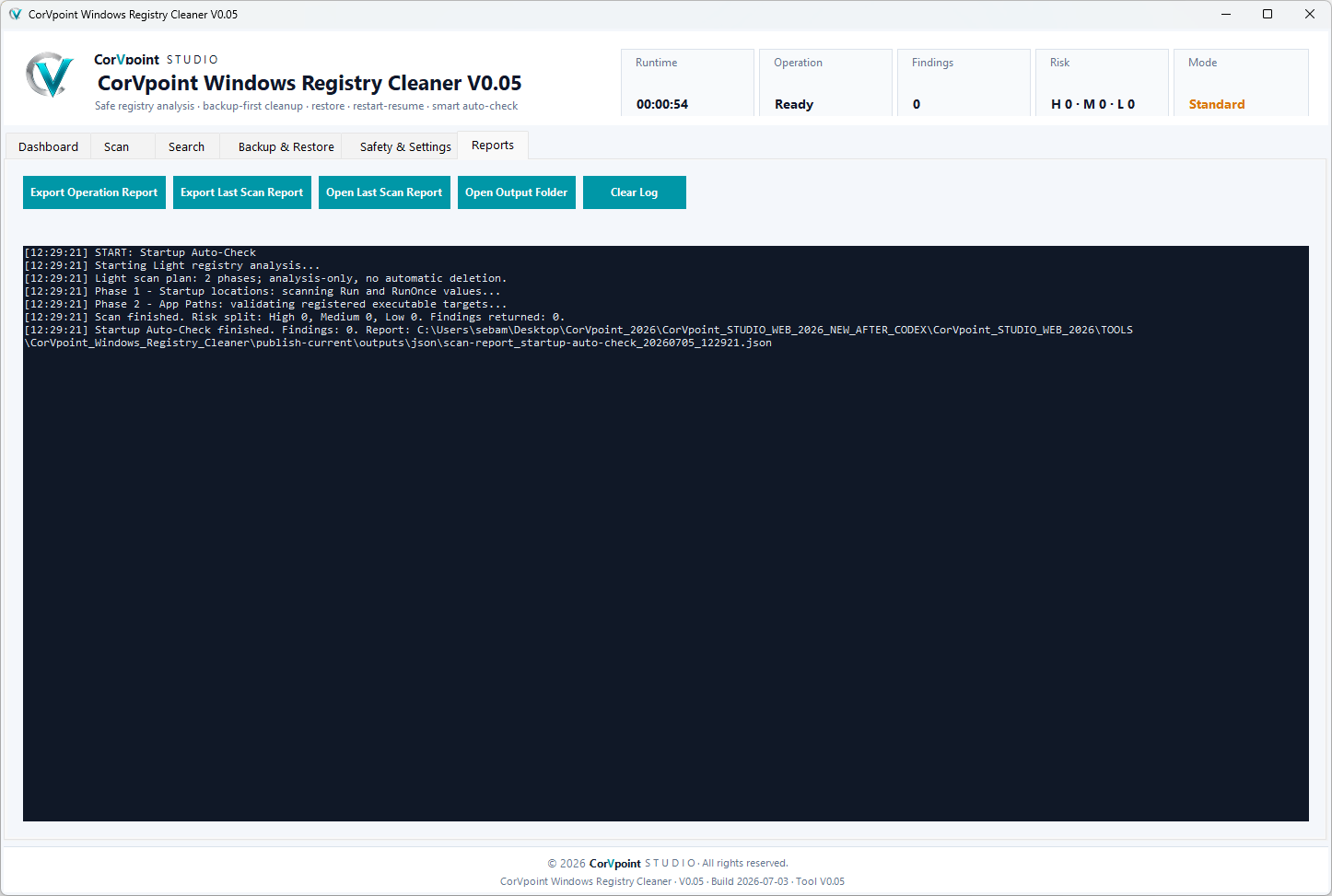 CorVpoint STUDIO Windows Registry Cleaner: Registry backup