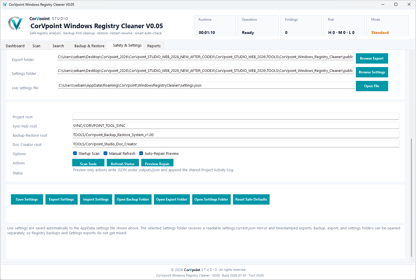 CorVpoint STUDIO Windows Registry Cleaner: Paramètres de sécurité