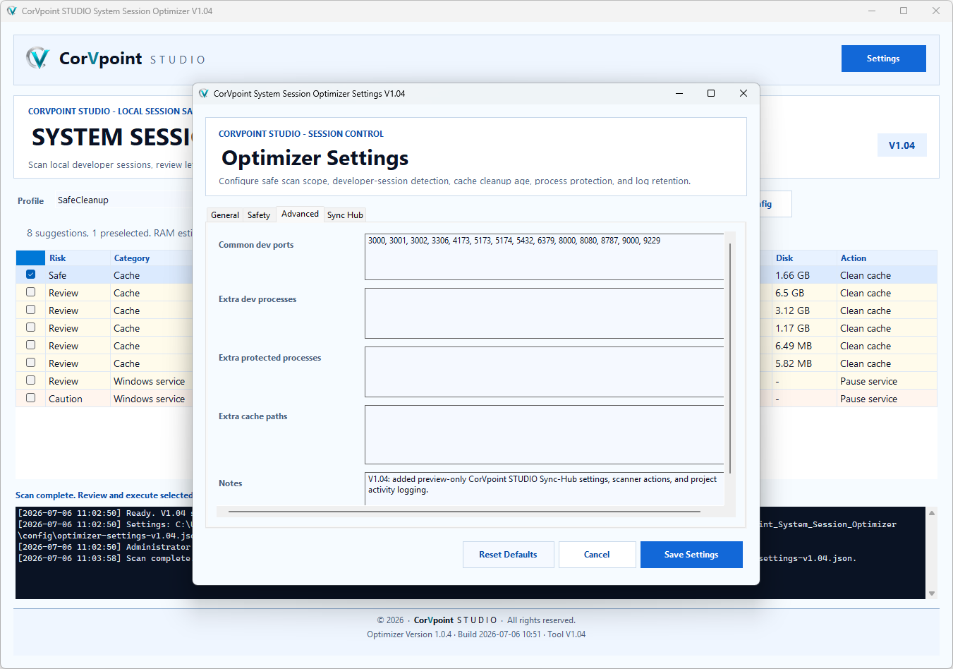 CorVpoint STUDIO System Session Optimizer: Nettoyage sûr du cache