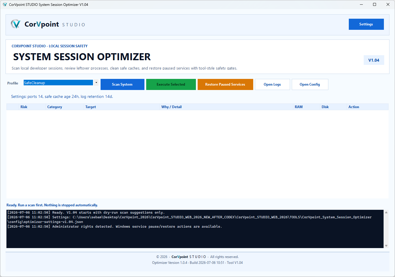 CorVpoint STUDIO System Session Optimizer: Ottimizzazione sistema