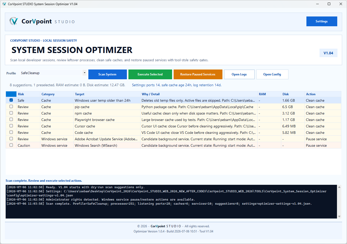 CorVpoint STUDIO System Session Optimizer: Azioni selezionate