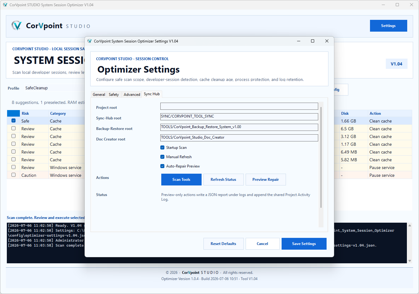 CorVpoint STUDIO System Session Optimizer: Impostazioni generali